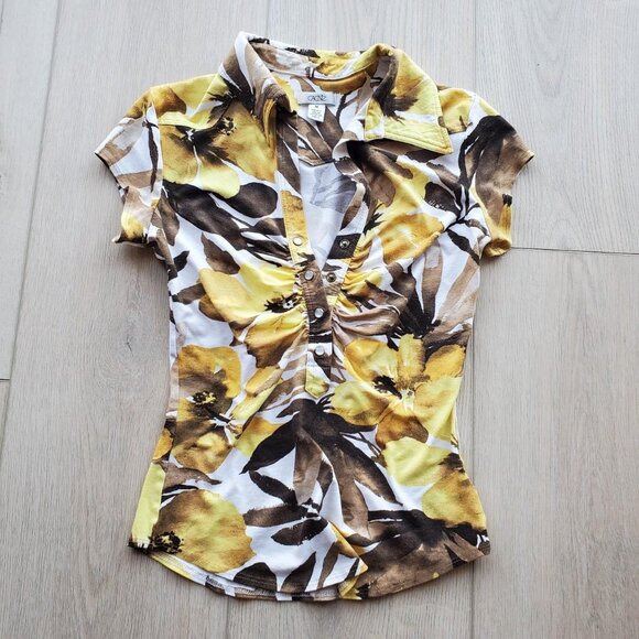 Cache Women's Y2k Yellow Short Sleeve Floral Print Blouse Sz Medium - Picture 4 of 8